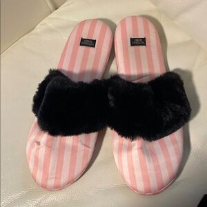 Victoria's Secret Pink Striped Slippers with Black Fur